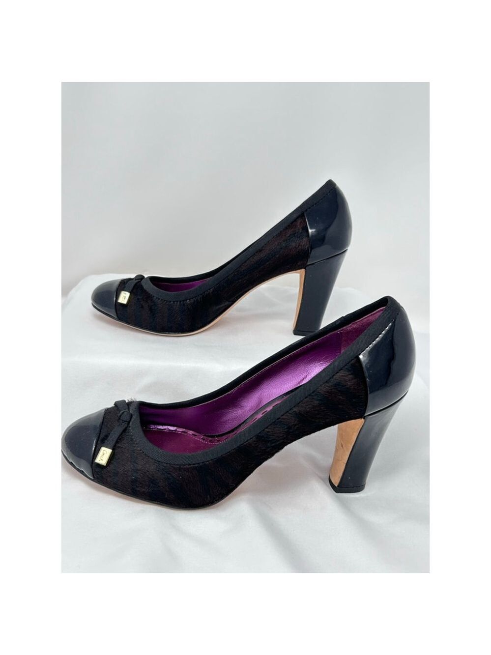 Coach Poppy Black Calf Hair Tiger Stripe Patent Pumps 7.5 Purple Insole
